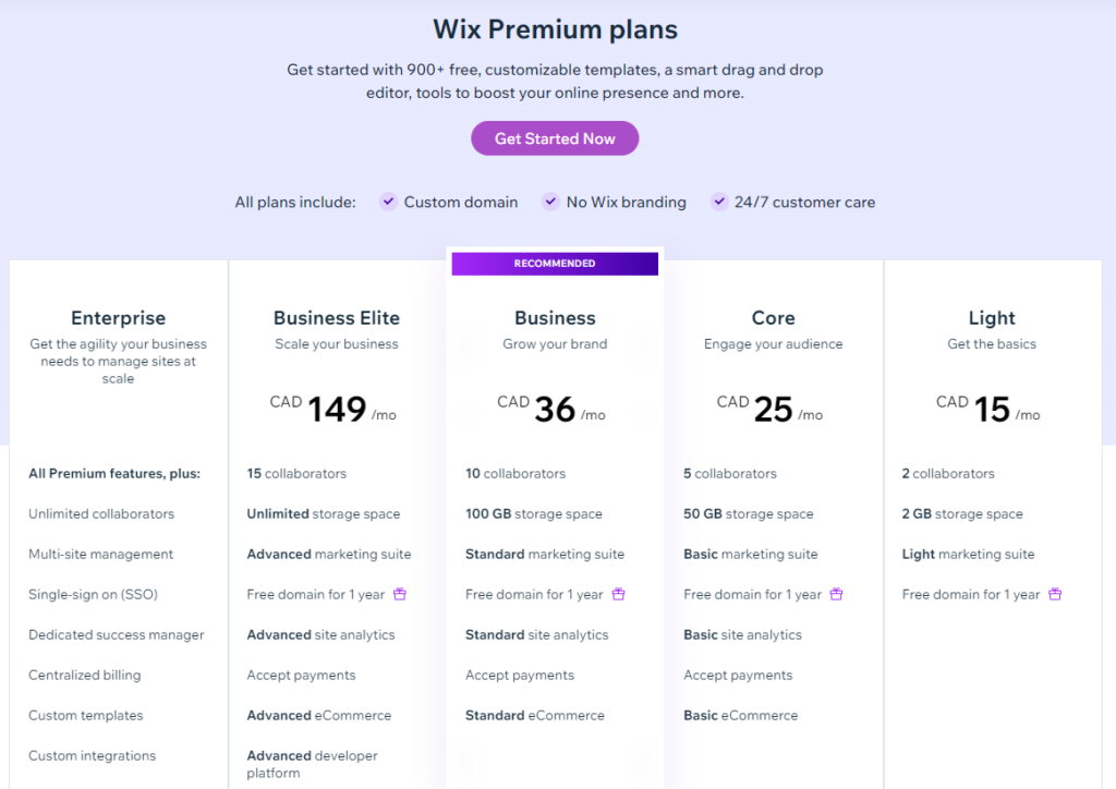WIX Pricing Plans